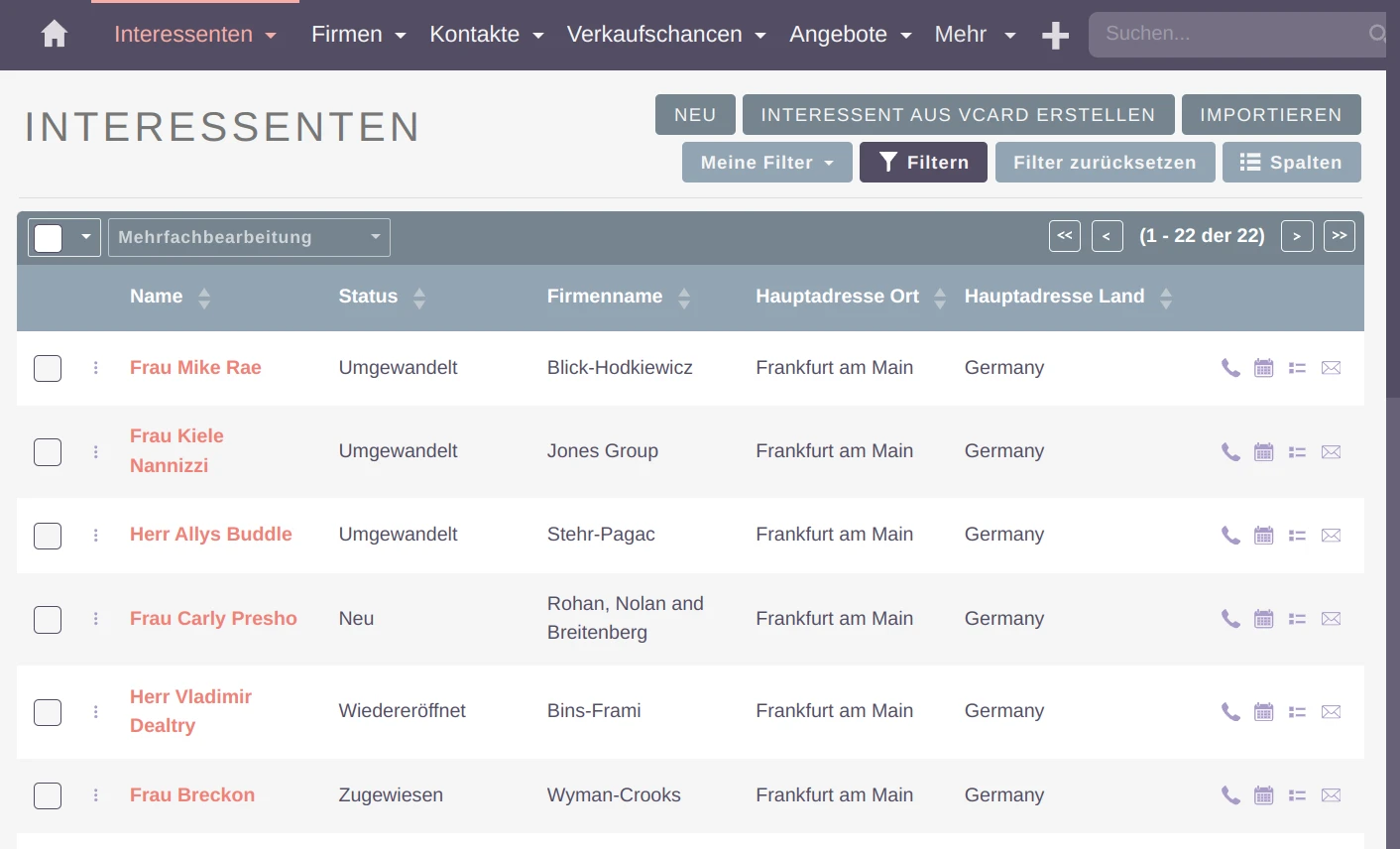 SuiteCRM Filter in einem Modul mit Ergebnissen