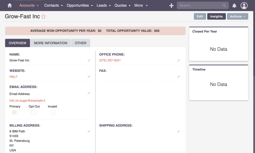 SuiteCRM Accounts overview