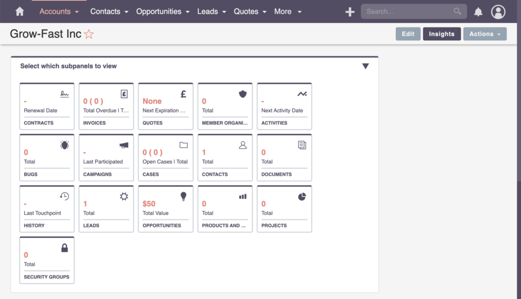 SuiteCRM Accounts overview subpanels