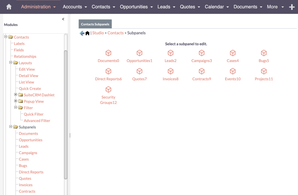 SuiteCRM Contacts Subpanels