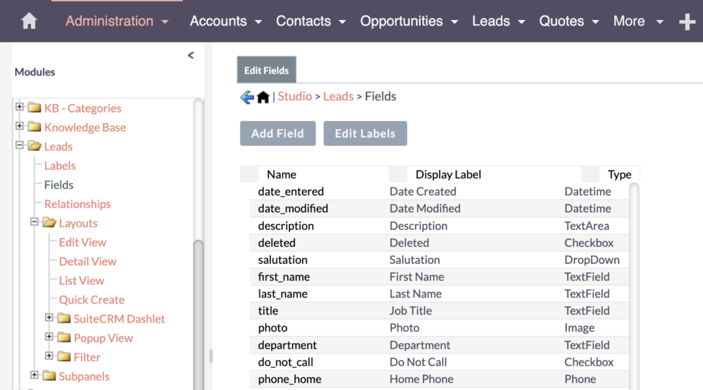 SuiteCRM Fields in Leads module