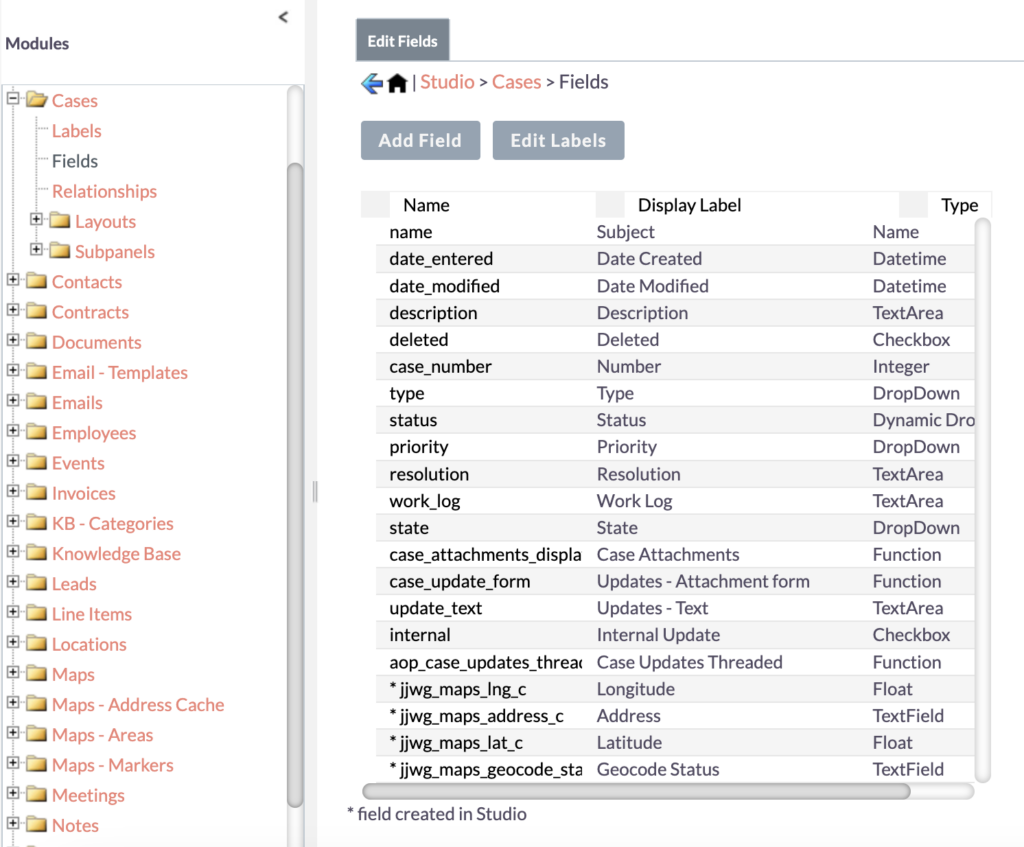 SuiteCRM Cases Fields