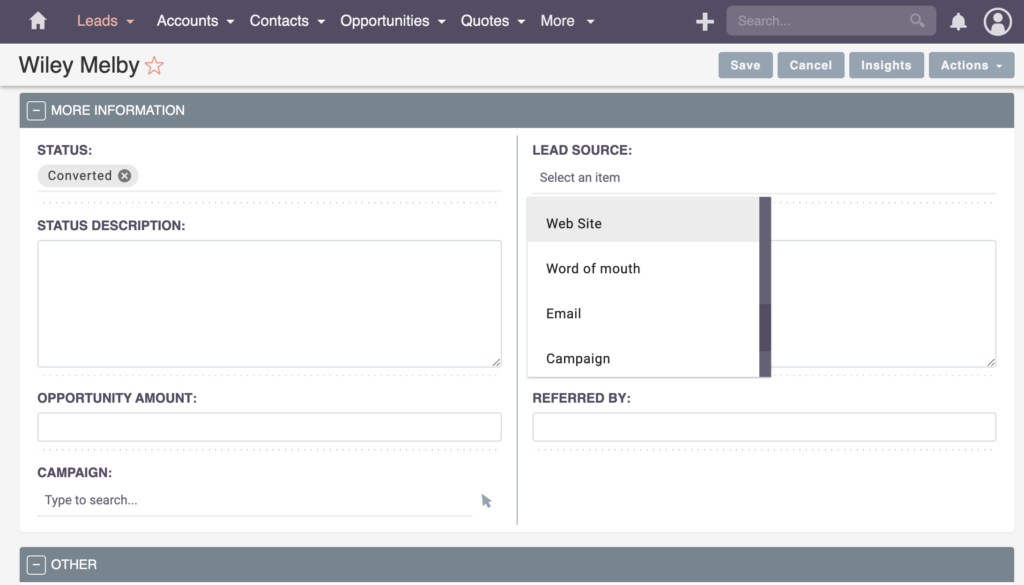 SuiteCRM Contacts - Edit Lead Source