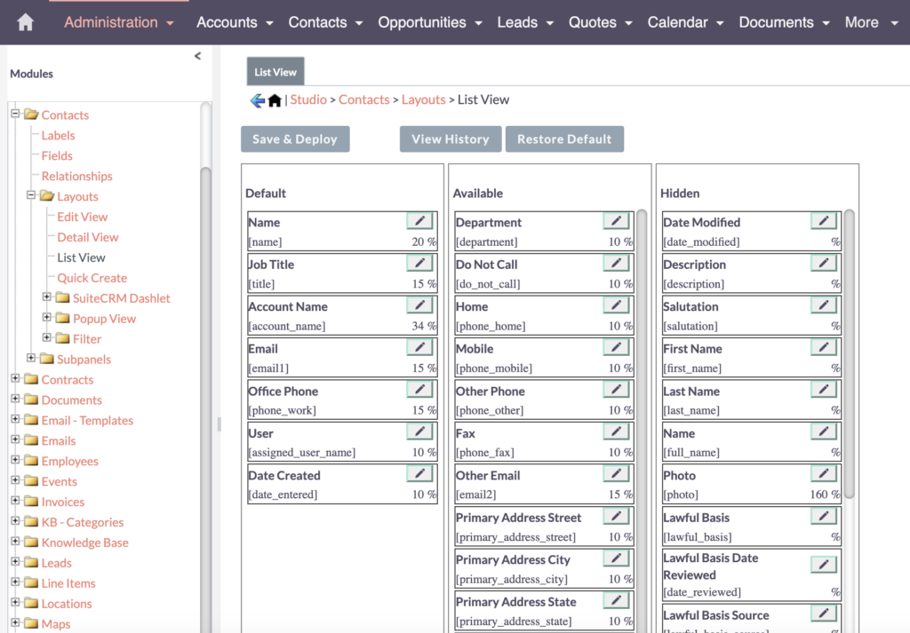 SuiteCRM Contacts List View