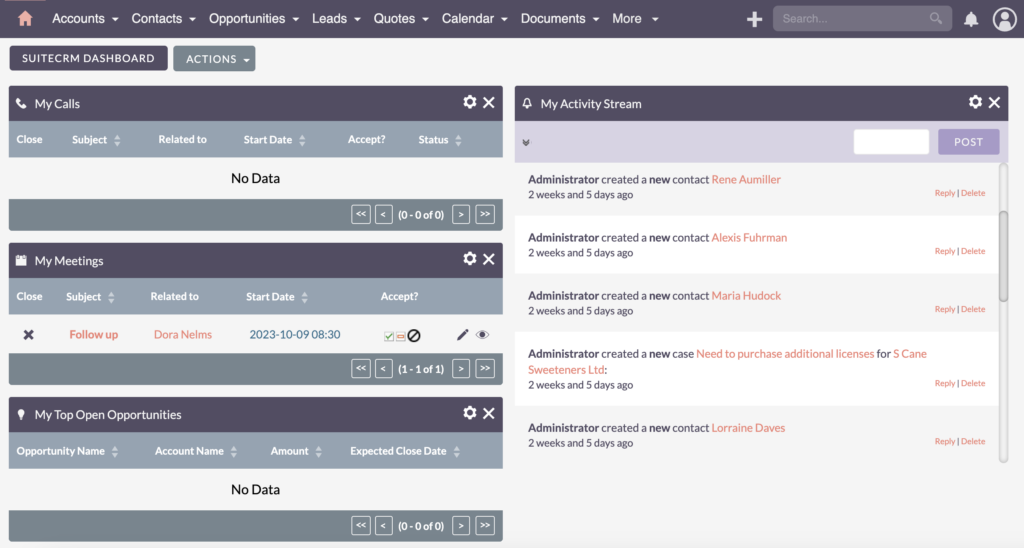 SuiteCRM Dashboard Dashlets