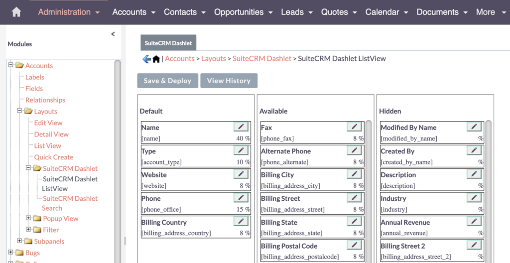 SuiteCRM Dashlet List View