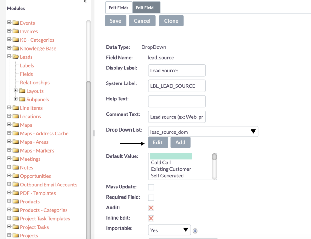 SuiteCRM Edit Drop Down List