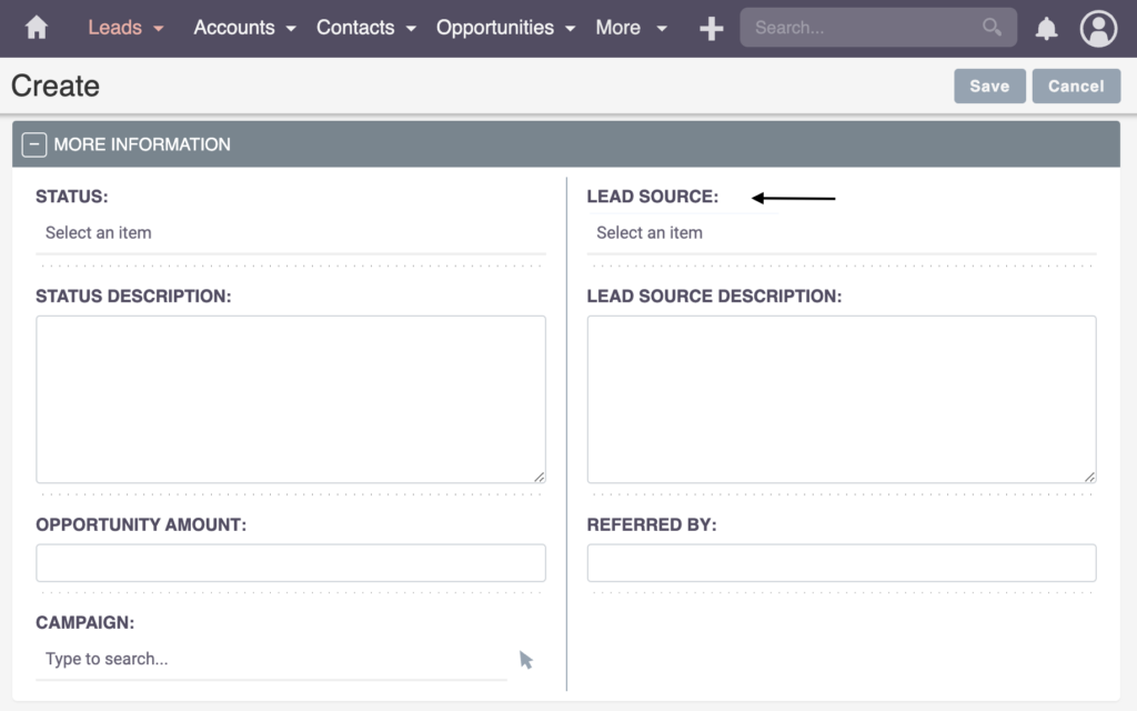 SuiteCRM Lead Source dropdown field