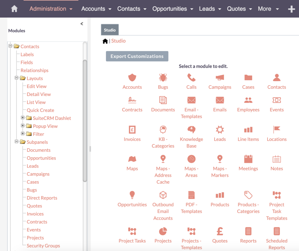 SuiteCRM Admin Studio - Contacts 