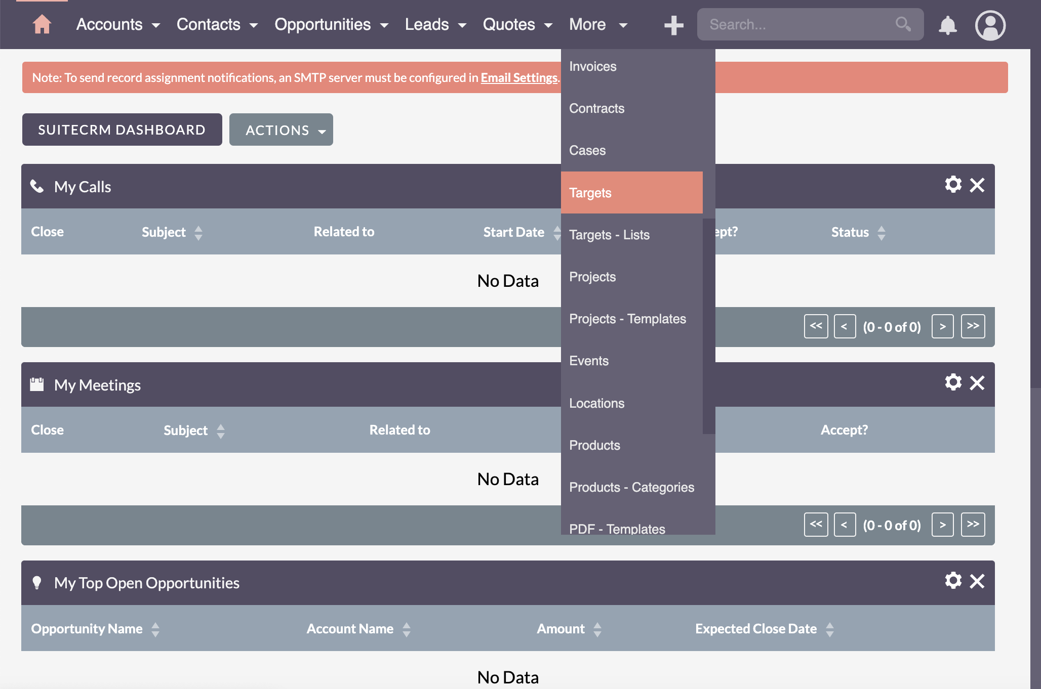 SuiteCRM Targets module menu drop down