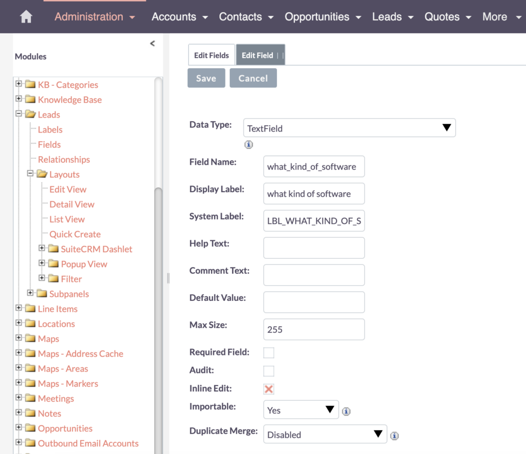 SuiteCRM Text Field