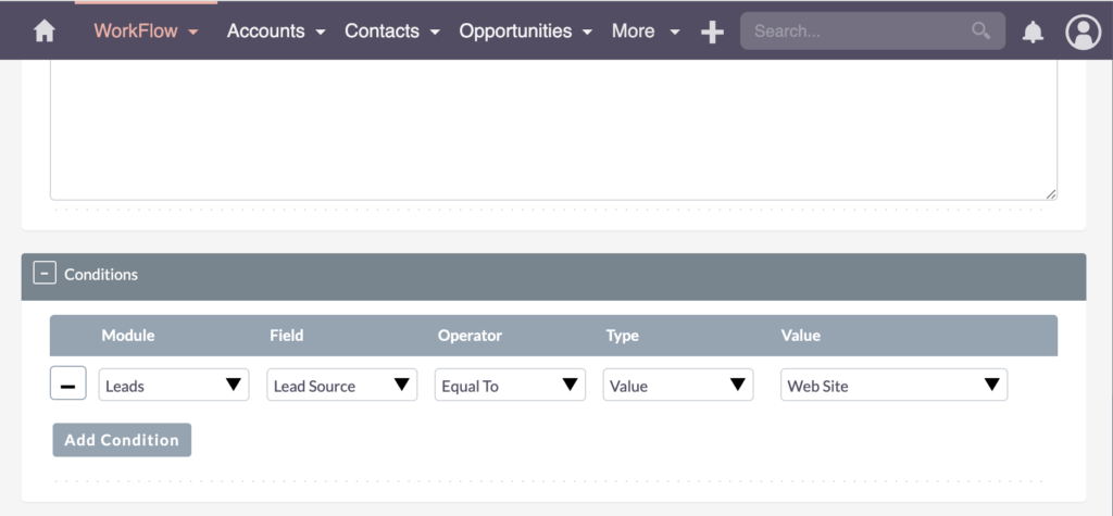 SuiteCRM Workflow - Add Condition