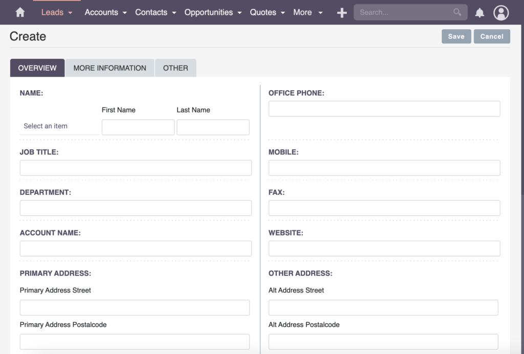 SuiteCRM Create New Lead