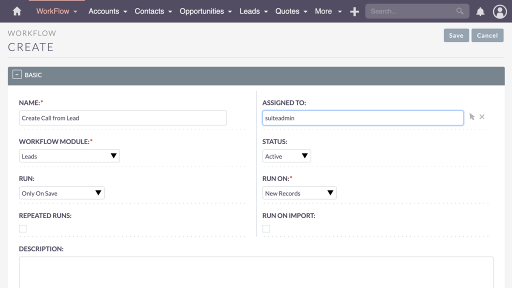 SuiteCRM create workflow