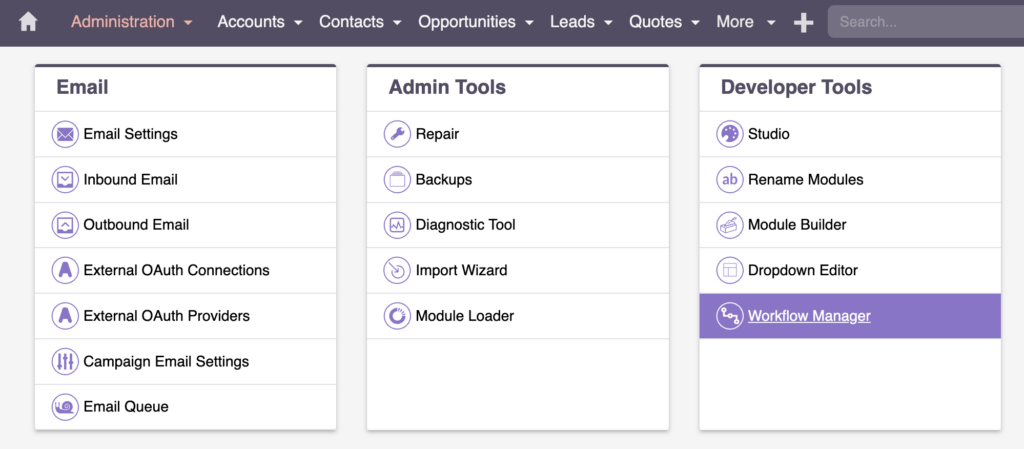 SuiteCRM Admin - Workflow Manager