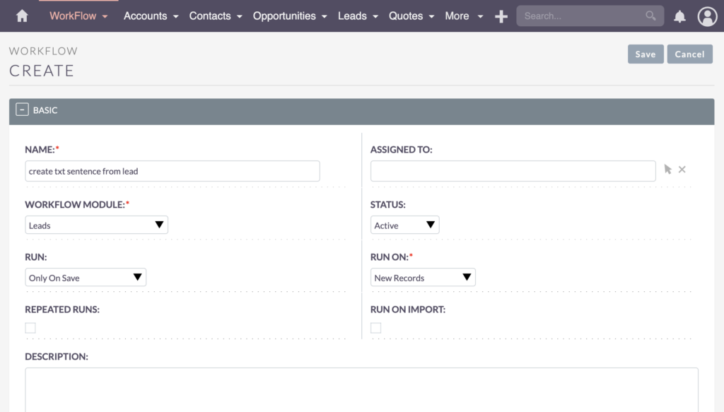 SuiteCRM Create Workflow - Header Information and Fields