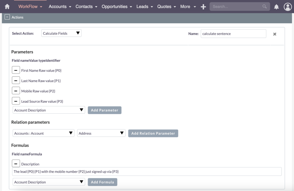 SuiteCRM Workflow Actions Using Calculated Fields