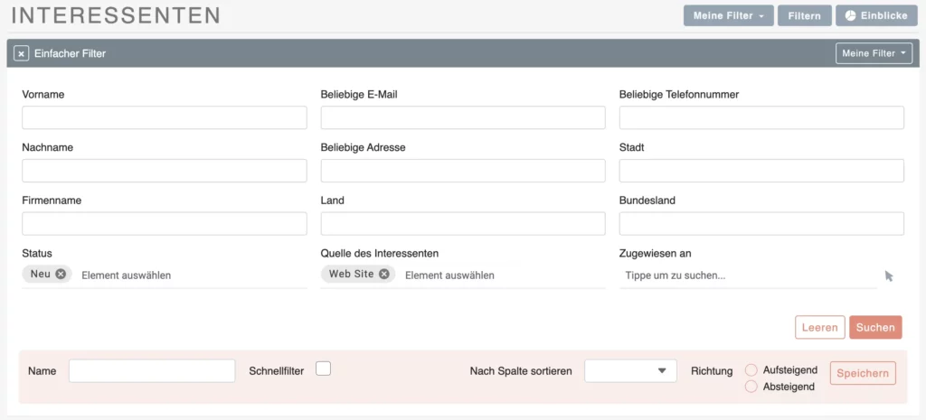Basisfilter – neue Website-Leads