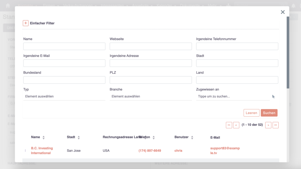 Nach Firmennamen suchen – Einfacher Filter