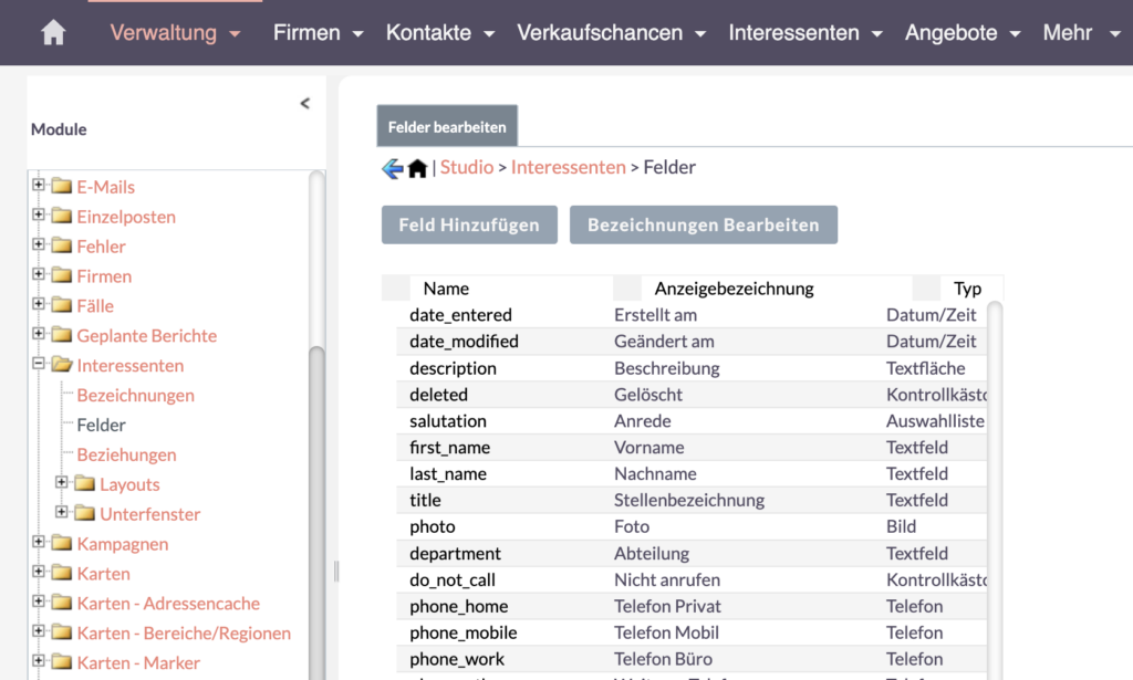 SuiteCRM Felder im Interessenten Modul