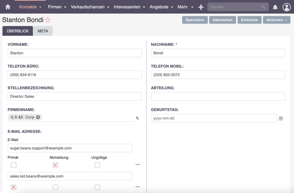 SuiteCRM-Kontakte Geburtstag Feld