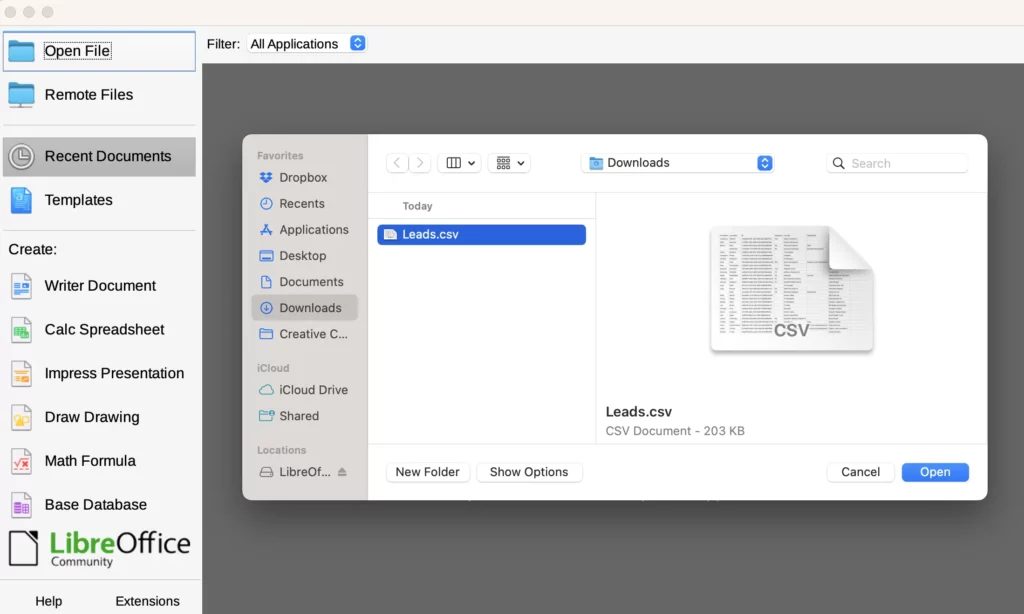 Open CSV file in LibreOffice
