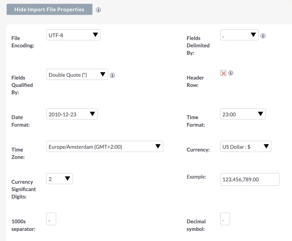 View Import File Properties