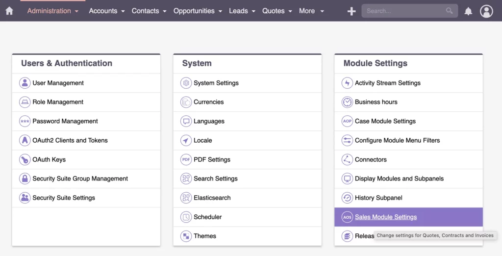 Admin - Sales Module Settings