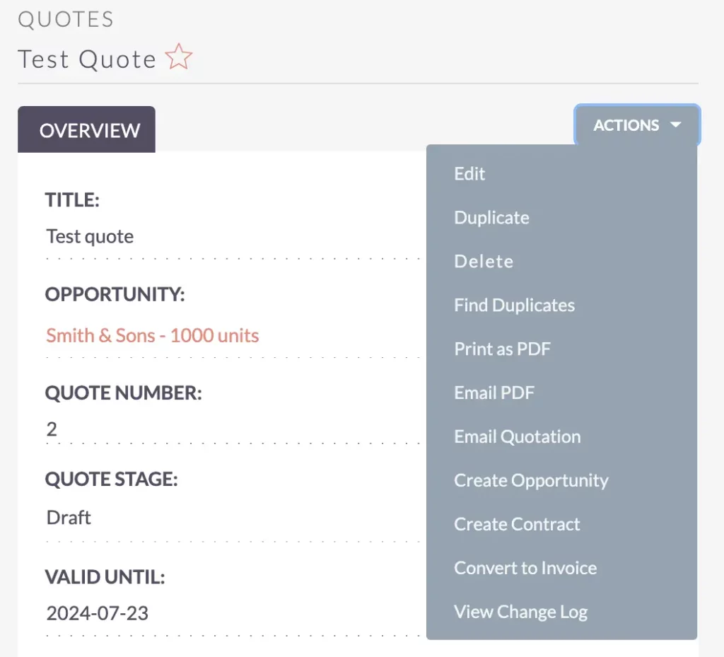 SuiteCRM Quotations - action menu