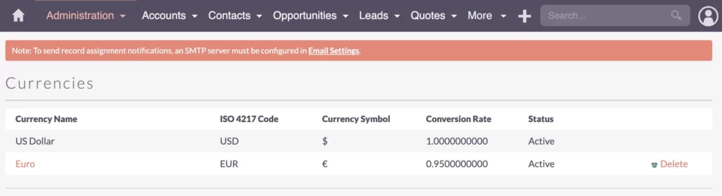 SuiteCRM Currencies