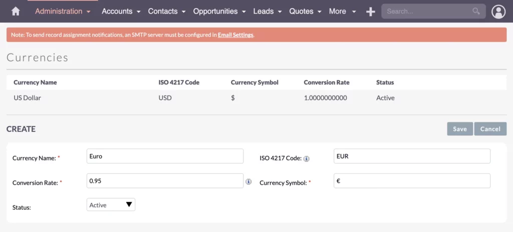 SuiteCRM Currencies - Add Euro