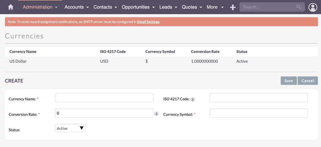 SuiteCRM Currency Settings