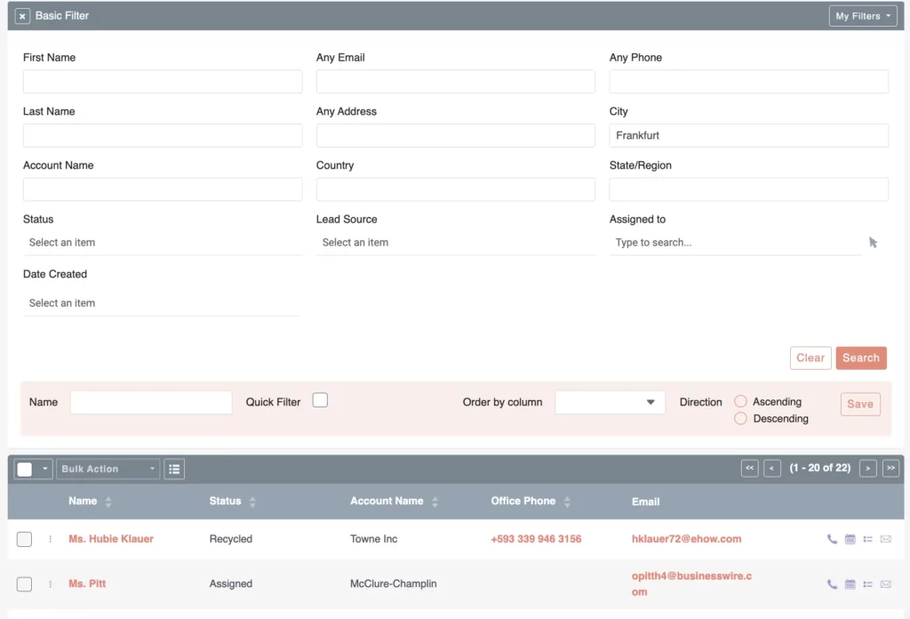 SuiteCRM Filter Search Leads