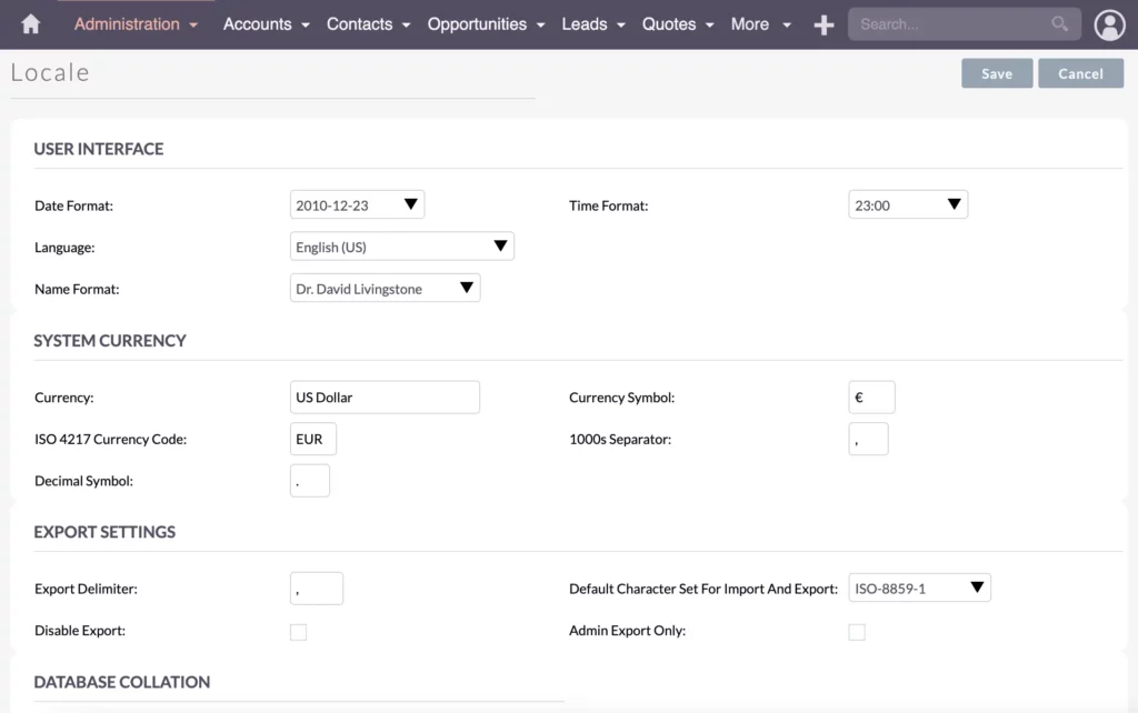 SuiteCRM Locale Settings