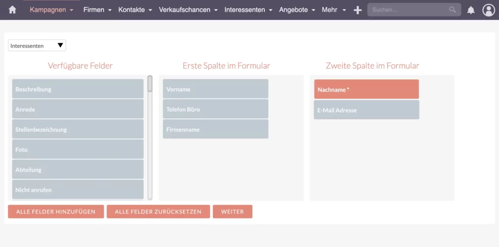 Auswahl der Formularfelder und Spaltenlayout