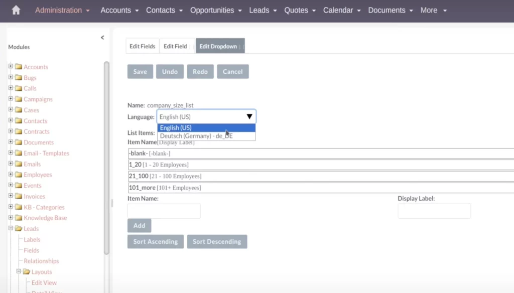 suitecrm translating dropdown field